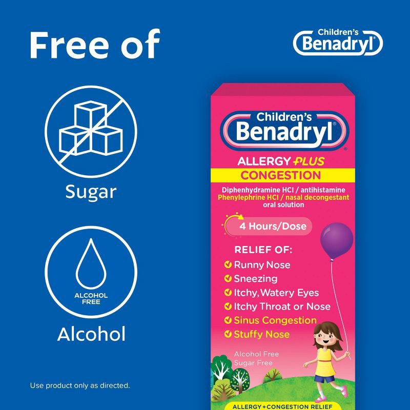 slide 3 of 6, Children's Benadryl Diphenhydramine Allergy Plus Congestion Relief Liquid - Grape - 4 fl oz, 4 fl oz