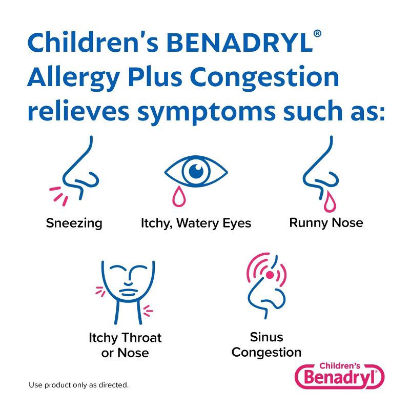 slide 4 of 8, Children's Benadryl Diphenhydramine Allergy Plus Congestion Relief Liquid - Grape - 4 fl oz, 4 fl oz