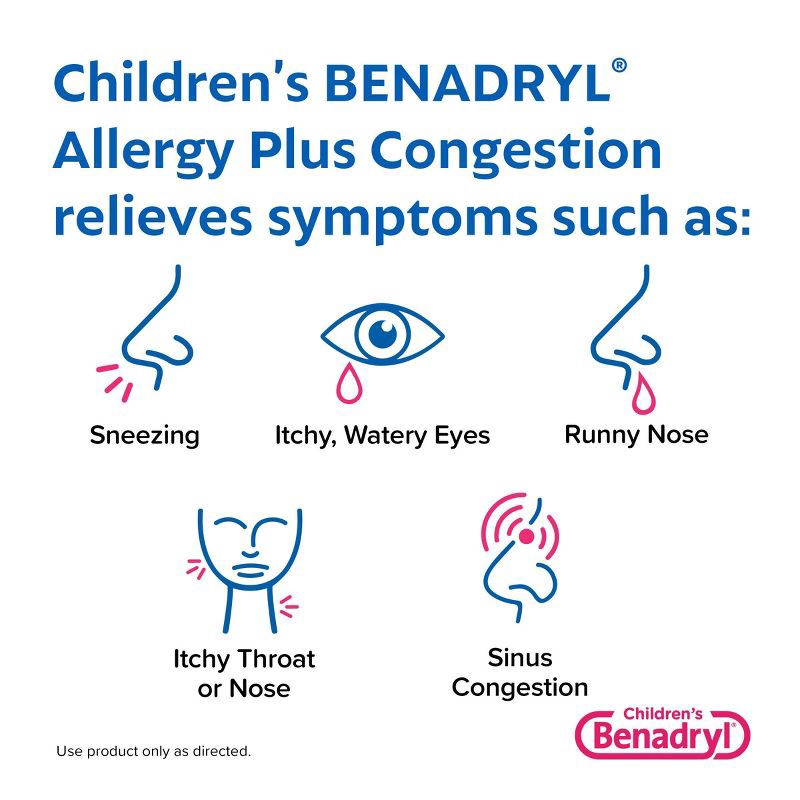 slide 4 of 6, Children's Benadryl Diphenhydramine Allergy Plus Congestion Relief Liquid - Grape - 4 fl oz, 4 fl oz