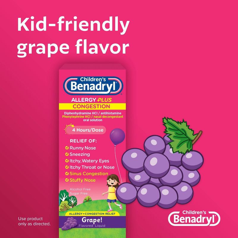 slide 5 of 6, Children's Benadryl Diphenhydramine Allergy Plus Congestion Relief Liquid - Grape - 4 fl oz, 4 fl oz