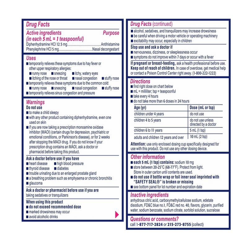 slide 6 of 6, Children's Benadryl Diphenhydramine Allergy Plus Congestion Relief Liquid - Grape - 4 fl oz, 4 fl oz