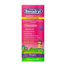 Children's Benadryl Diphenhydramine Allergy Plus Congestion Relief Liquid - Grape - 4 fl oz