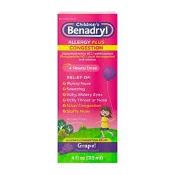 Children's Benadryl Diphenhydramine Allergy Plus Congestion Relief Liquid - Grape - 4 fl oz