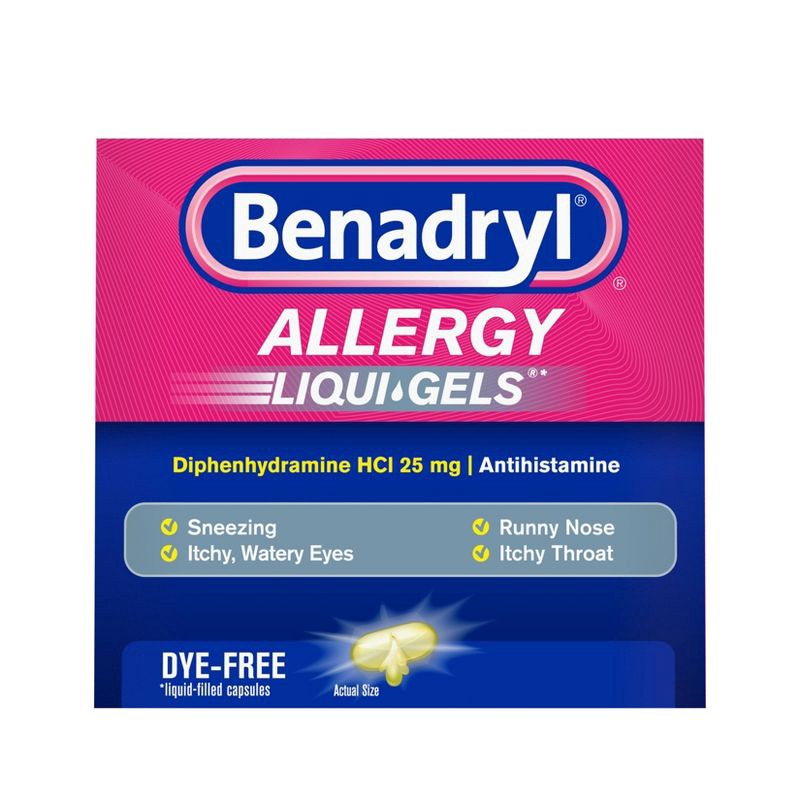 slide 2 of 9, Benadryl Liqui-Gels Diphenhydramine Antihistamine Allergy Relief & Cold Medicine - 24ct, 24 ct