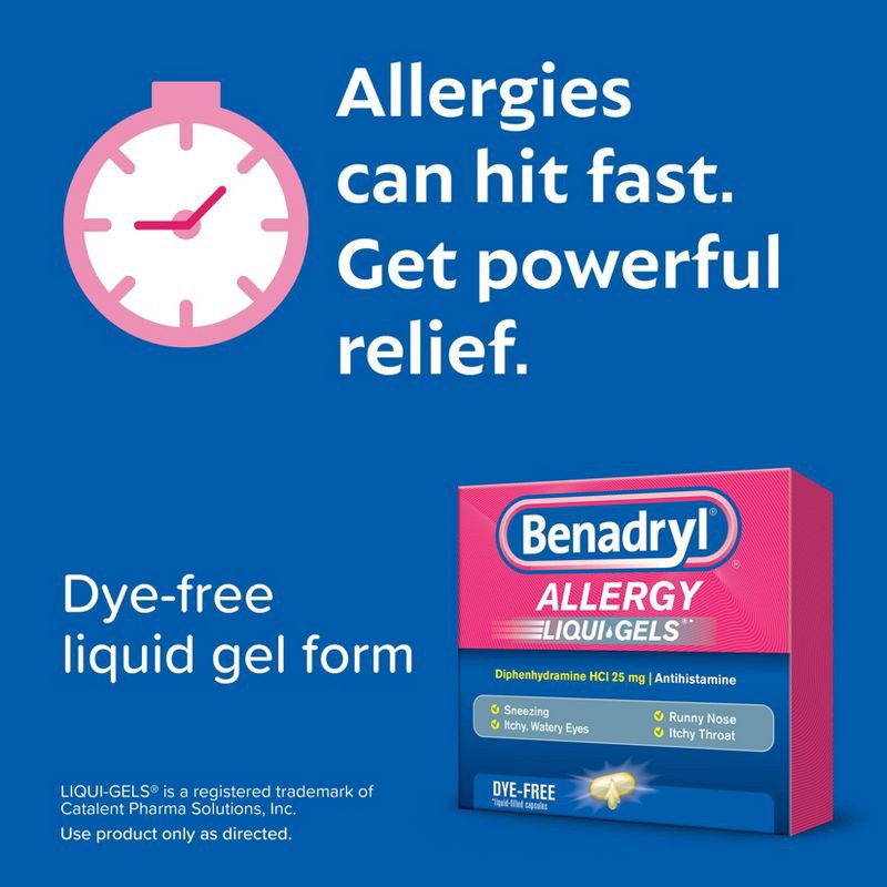 slide 3 of 9, Benadryl Liqui-Gels Diphenhydramine Antihistamine Allergy Relief & Cold Medicine - 24ct, 24 ct