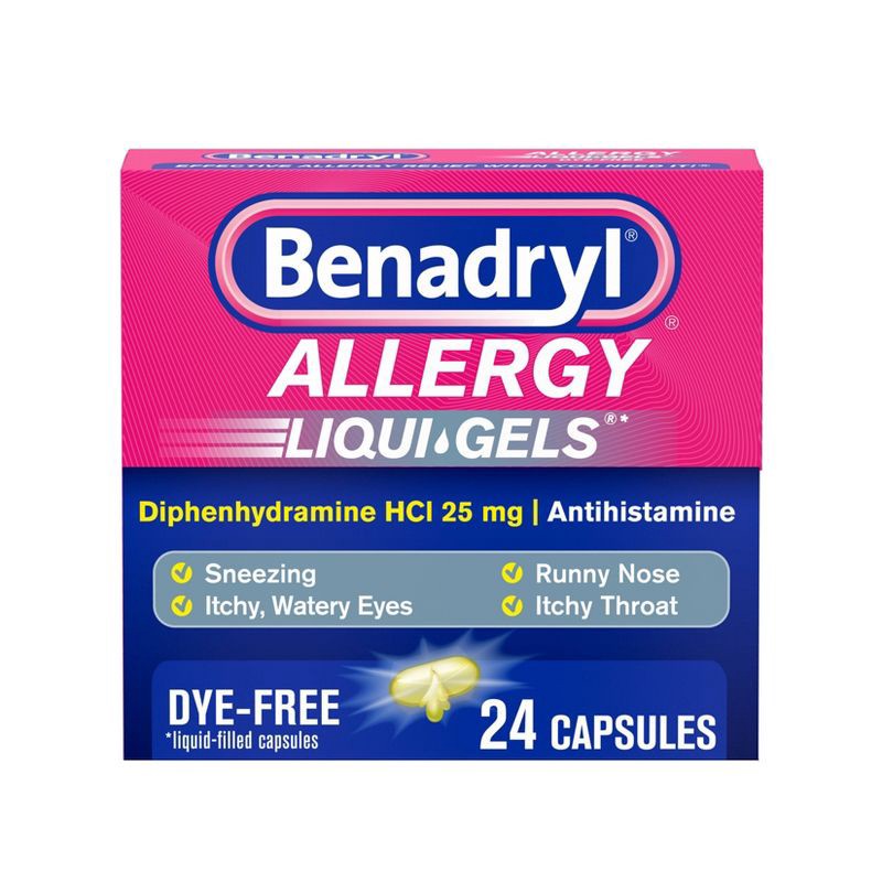 slide 1 of 9, Benadryl Liqui-Gels Diphenhydramine Antihistamine Allergy Relief & Cold Medicine - 24ct, 24 ct