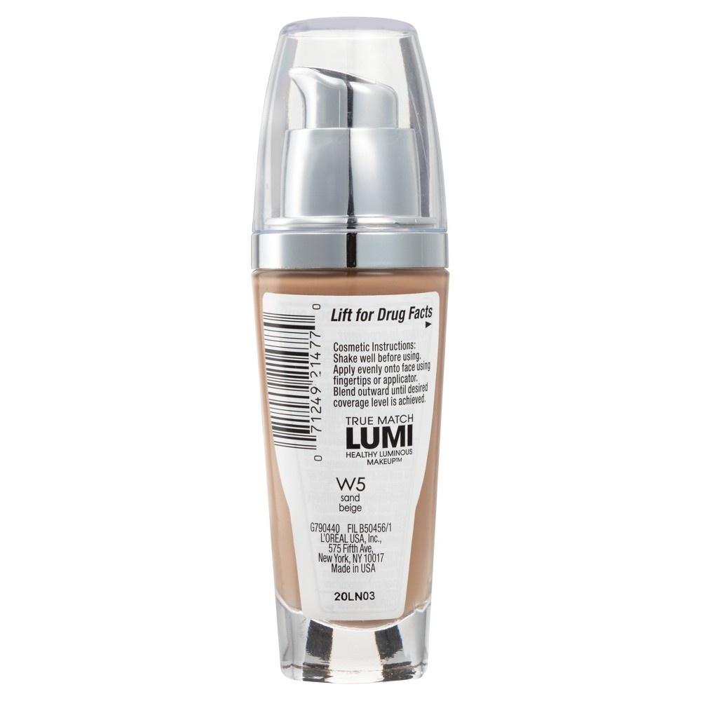 L'Oreal Paris True Match Lumi Liquid Foundation Makeup, W5 Sun Beige, 1 fl  oz