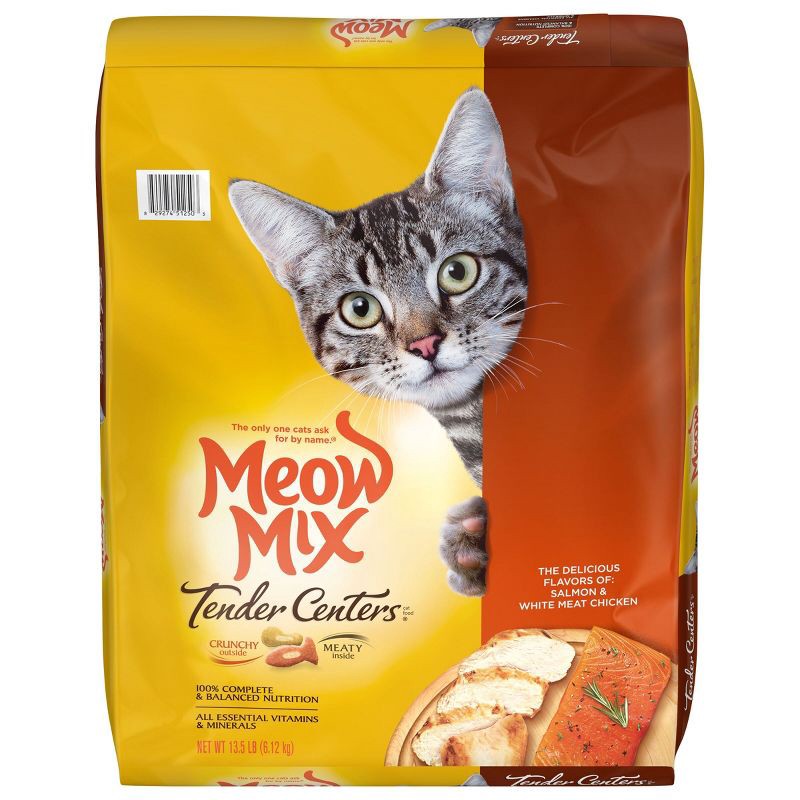 slide 1 of 5, Meow Mix Tender Centers with Flavors of Salmon & Chicken Adult Complete & Balanced Dry Cat Food - 13.5lbs, 13.5 lb