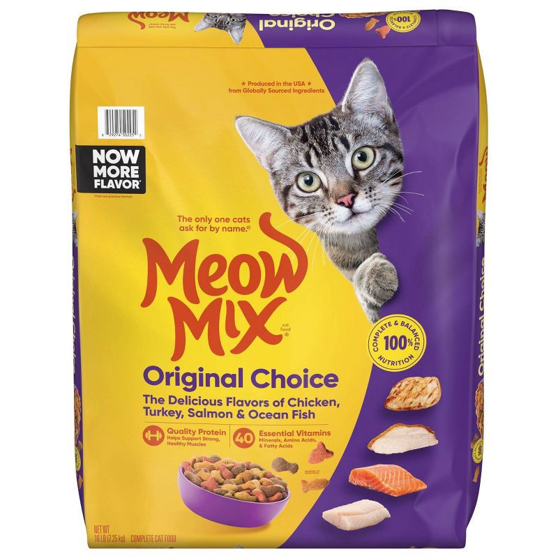 slide 1 of 4, Meow Mix Original Choice with Flavors of Chicken, Turkey, Salmon & Ocean Fish Adult Complete & Balanced Dry Cat Food - 16lbs, 16 lb