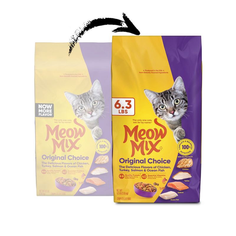 slide 2 of 9, Meow Mix Original Choice with Flavors of Chicken, Turkey, Salmon & Ocean Fish Adult Complete & Balanced Dry Cat Food - 6.3lbs, 6.3 lb