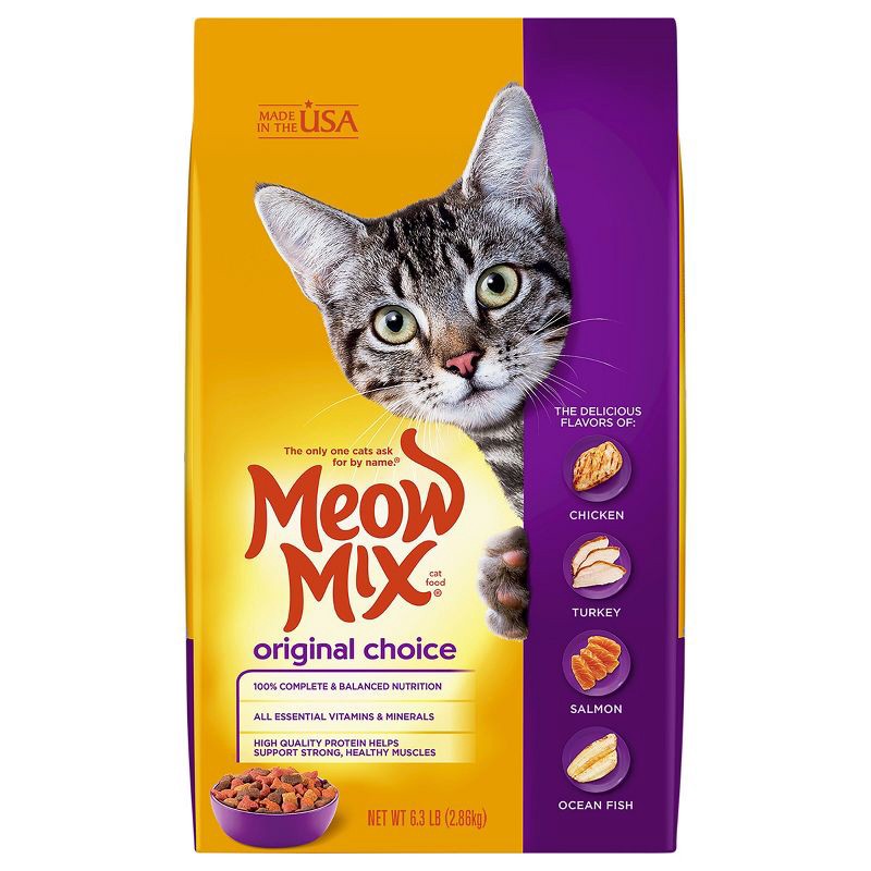 slide 1 of 4, Meow Mix Original Choice with Flavors of Chicken, Turkey, Salmon & Ocean Fish Adult Complete & Balanced Dry Cat Food - 6.3lbs, 6.3 lb