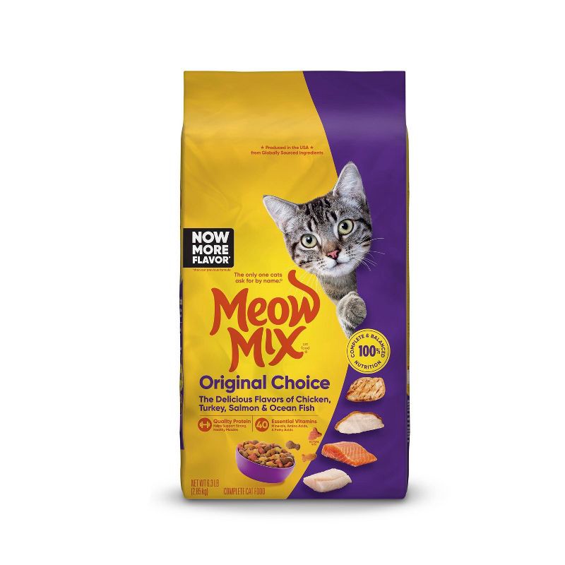 slide 1 of 5, Meow Mix Original Choice with Flavors of Chicken, Turkey, Salmon & Ocean Fish Adult Complete & Balanced Dry Cat Food - 6.3lbs, 6.3 lb