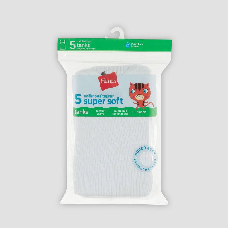 slide 3 of 5, Hanes Toddler Boys' 5pk Tank Top - White 2T-3T: Cotton-Polyester Blend, Lightweight, Crew Neck, Machine Washable, 5 ct