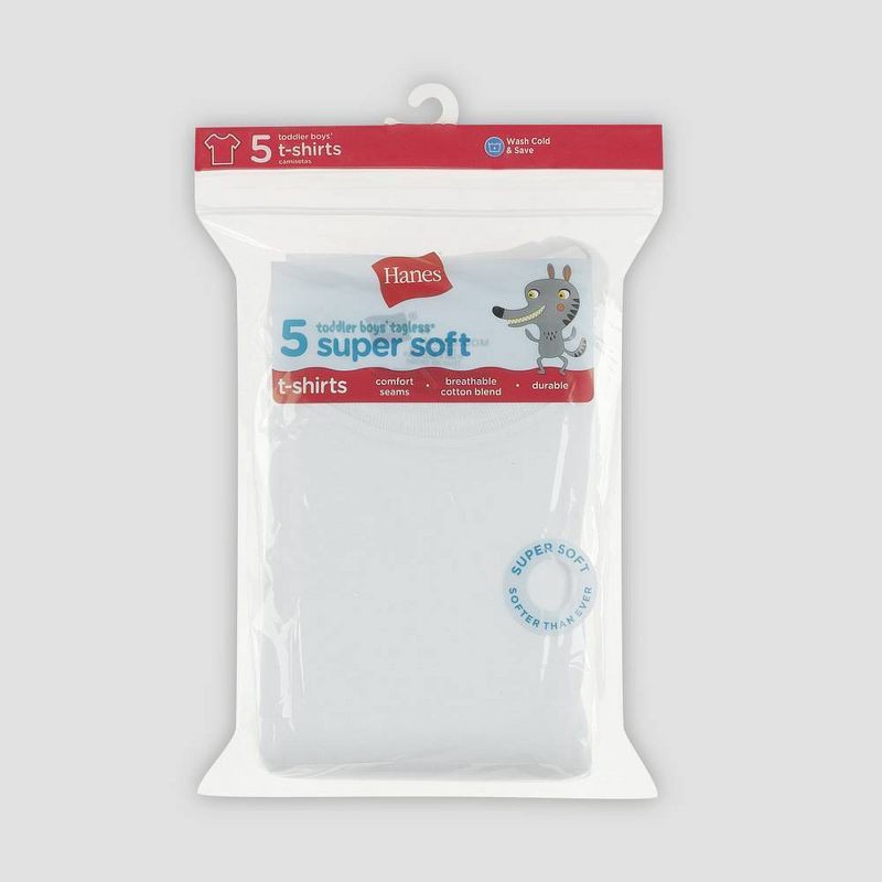 slide 2 of 4, Hanes Toddler Boys' 5pk Crew T-Shirt - White 4T: Tagless, Lightweight Cotton Blend, Short Sleeve, Machine Washable, 5 ct