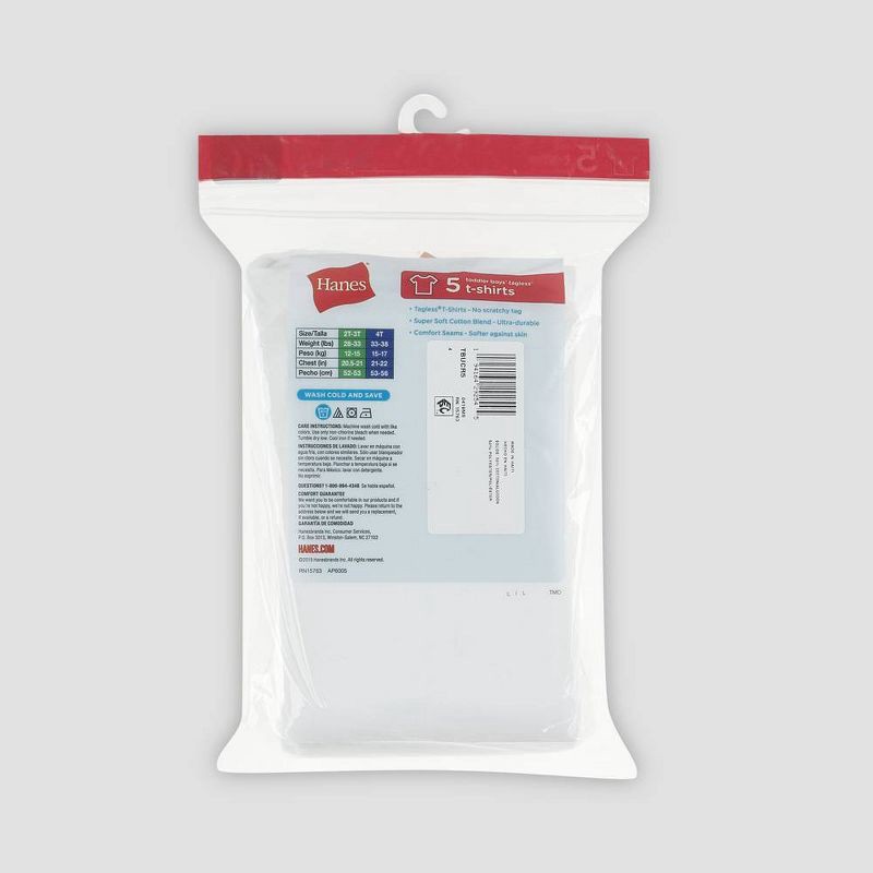 slide 3 of 4, Hanes Toddler Boys' 5pk Crew T-Shirt - White 4T: Tagless, Lightweight Cotton Blend, Short Sleeve, Machine Washable, 5 ct