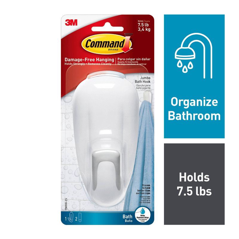 slide 2 of 11, Command 1 Hook 2 Strips Large Sized Bathroom Decorative Hook with Water Resistant Strips White, 1 ct