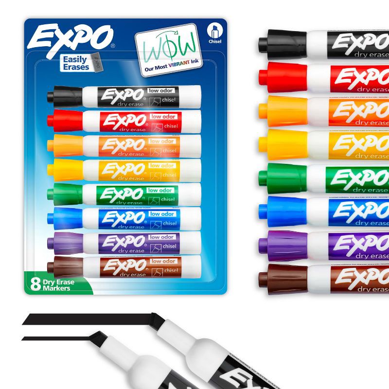 slide 1 of 8, Expo 8pk Dry Erase Markers Chisel Tip Multicolored: Whiteboard & Office Supplies, Low-Odor, Bold & Fine Point, Ages 3+, 8 ct