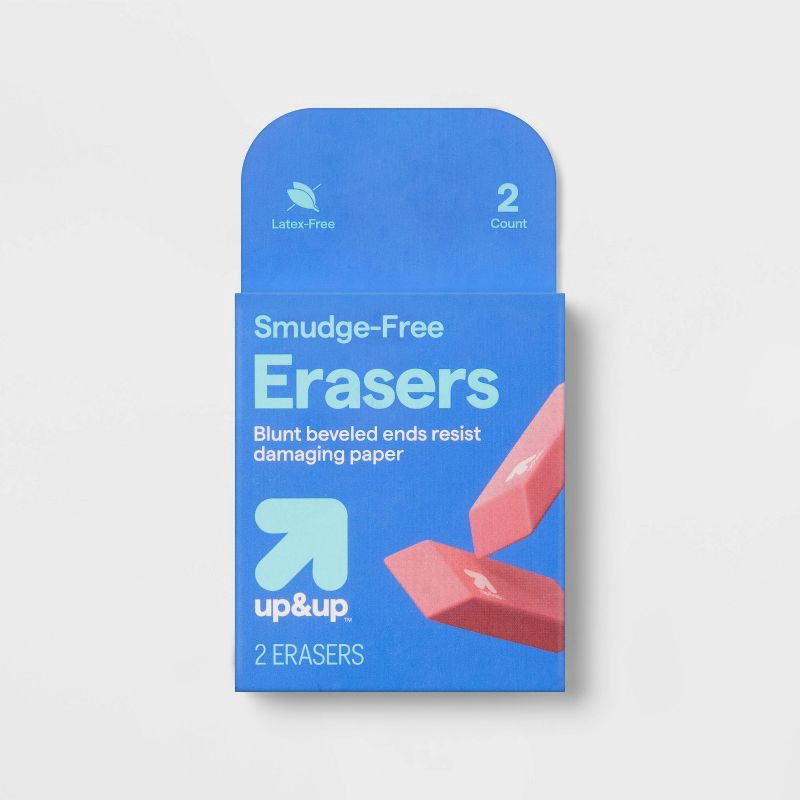 slide 1 of 5, Smudge Free Erasers 2ct - up&up™: Multicolor Hard Rubber, Block Erasers for Pencils, Right- or Left-Handed Design, 2 ct