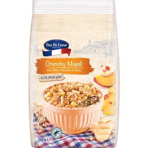 slide 1 of 1, Duc de Coeur crunchy muesli with white chocolate & peach, 12.3 oz