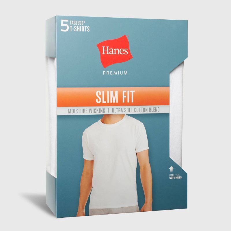 slide 4 of 4, Hanes Premium Hanes Men's Premium 5pk Slim Fit Crew Neck T-Shirt - White L: Cotton-Polyester Blend, Tagless, Short Sleeve, Pullover Style, 5 ct