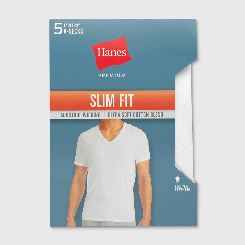 slide 5 of 5, Hanes Premium Men's Slim Fit V Neck T-Shirt 5pk - White M: Cotton-Polyester Blend, Tagless, Lightweight Jersey Fabric, 5 ct