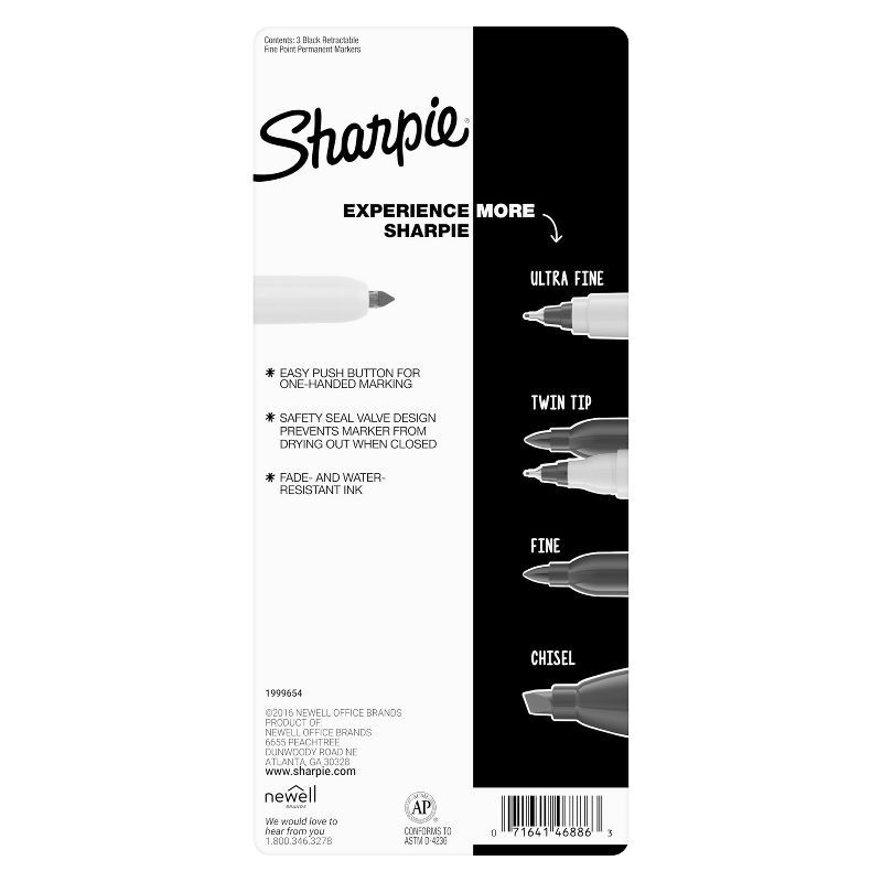 slide 6 of 6, Sharpie 3pk Permanent Markers Retractable Fine Tip Black, 3 ct