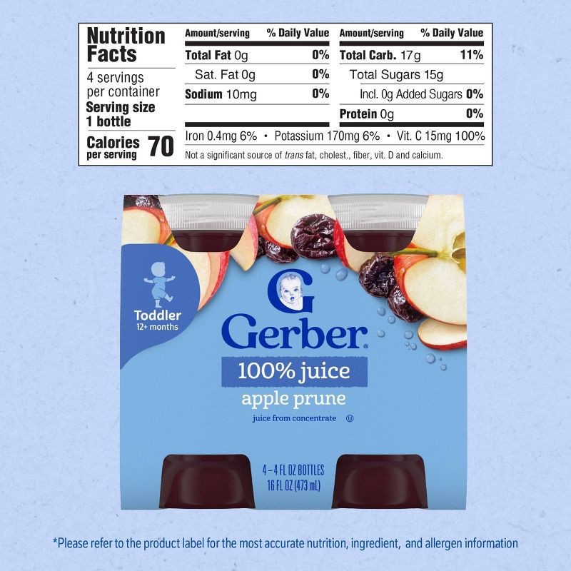 slide 7 of 10, Gerber Toddler Drink Apple Prune Juice Bottles - 4ct/4 fl oz, 4 ct, 4 fl oz