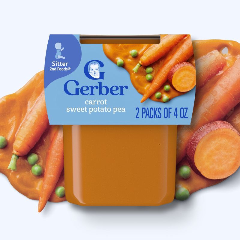 slide 2 of 9, Gerber Non-GMO Baby Food Stage 2 Carrot Sweet Potato Pea Puree Tub - 4oz/2ct, 2 ct; 4 oz