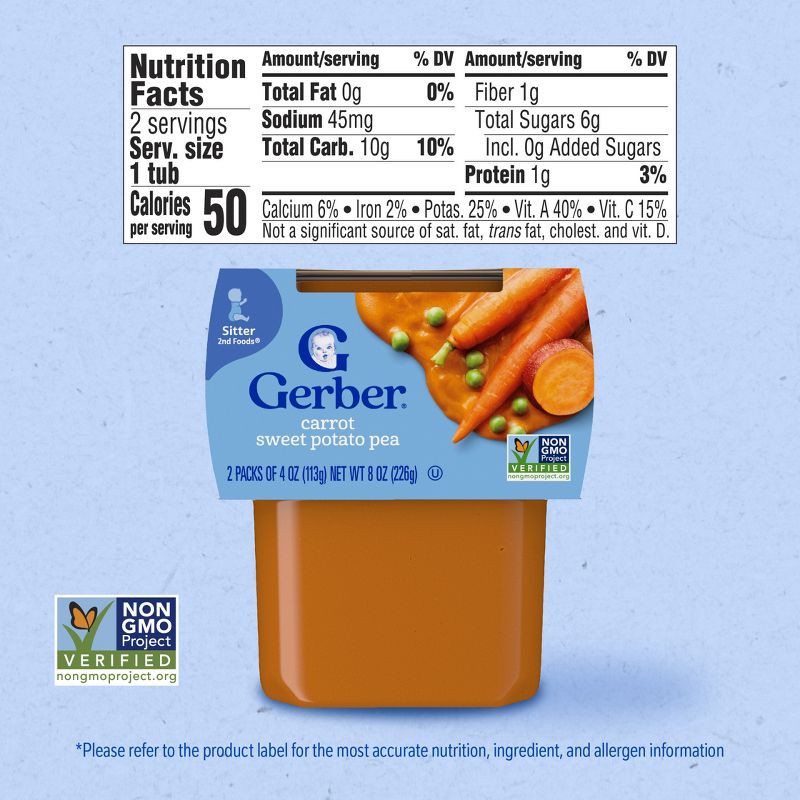 slide 7 of 9, Gerber Non-GMO Baby Food Stage 2 Carrot Sweet Potato Pea Puree Tub - 4oz/2ct, 2 ct; 4 oz