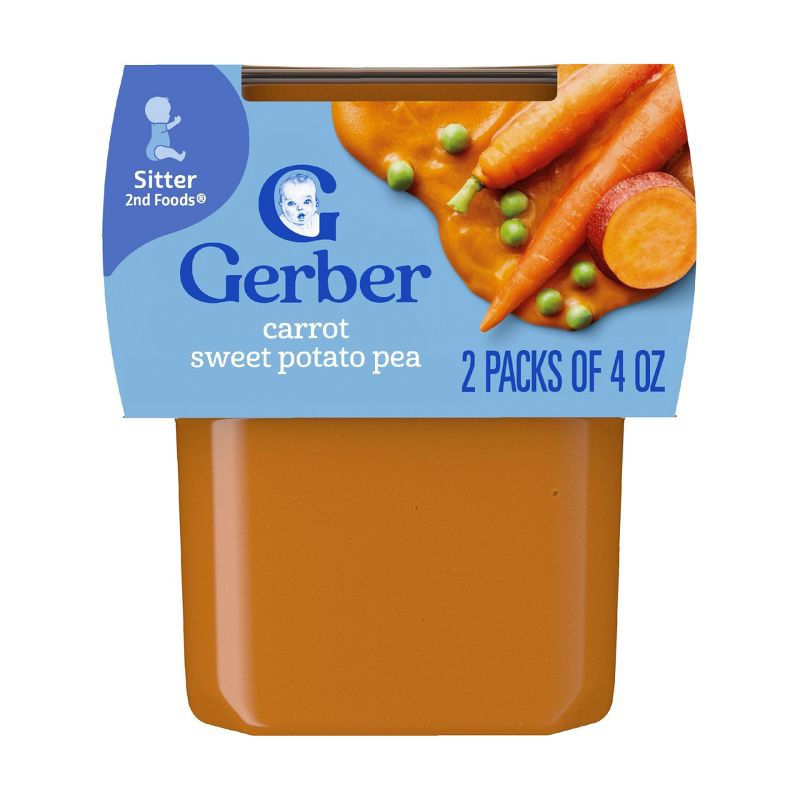 slide 1 of 9, Gerber Non-GMO Baby Food Stage 2 Carrot Sweet Potato Pea Puree Tub - 4oz/2ct, 2 ct; 4 oz