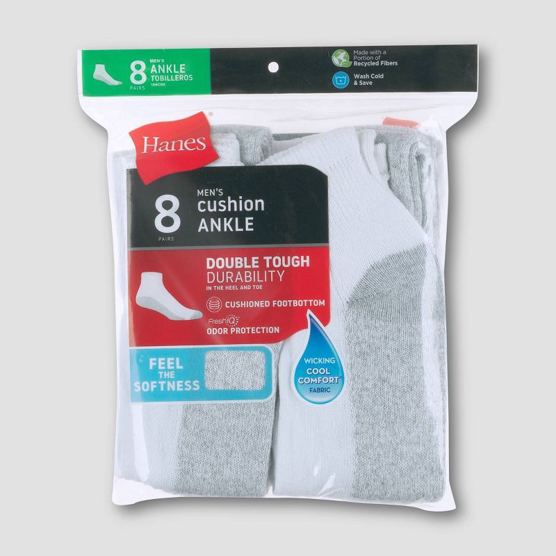 slide 3 of 3, Hanes Men's Ankle Socks with FreshIQ 8pk - White 6-12: Moisture Wicking, Reinforced Heel & Toe, 8 ct