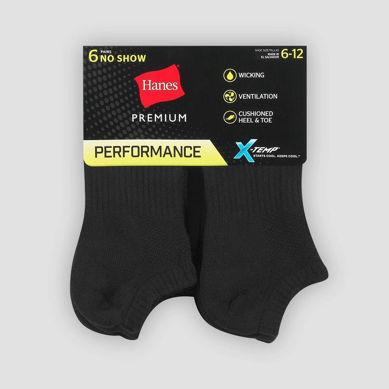 slide 2 of 3, Hanes Premium Men's X-Temp Performance Lightweight No Show Socks 6pk - Black 6-12: Cushioned Sole, Reinforced Heel & Toe, 6 ct