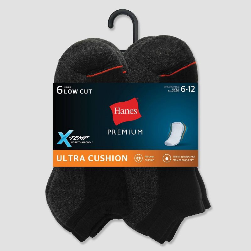 slide 3 of 3, Hanes Premium Men's X-Temp Ultra Cushion Low Cut Socks 6pk - Black 6-12: Breathable, Cushioned Sole, Reinforced Toe, 6 ct