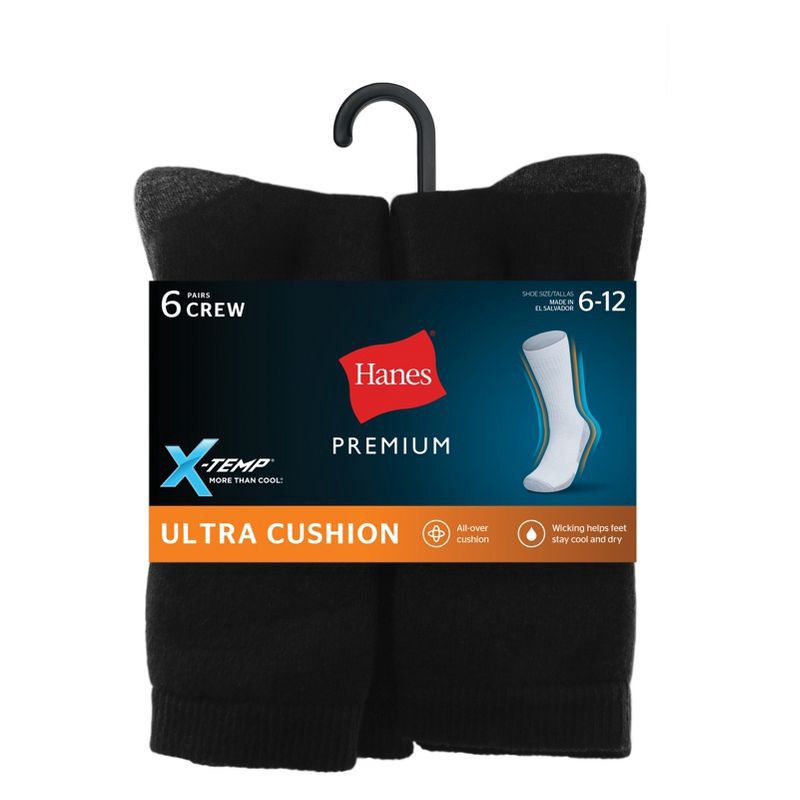 slide 3 of 3, Hanes Premium Men's X-Temp Ultra Cushion Crew Socks 6pk - Black 6-12: Breathable, Cushioned Sole, Reinforced Heel & Toe, 6 ct