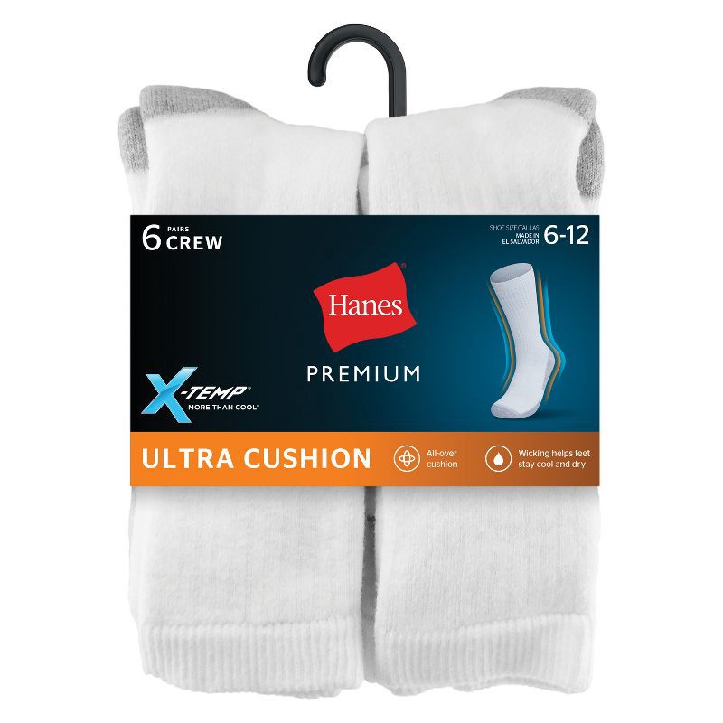slide 3 of 3, Hanes Premium Men's X-Temp Ultra Cushion Crew Socks 6pk - White 6-12: Breathable, Midweight, Reinforced Toe, 6 ct