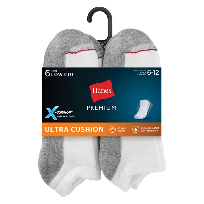 slide 3 of 3, Hanes Premium Men's X-Temp Ultra Cushion Low Cut Socks 6pk - White 6-12: Breathable, Cushioned, Reinforced, 6 ct