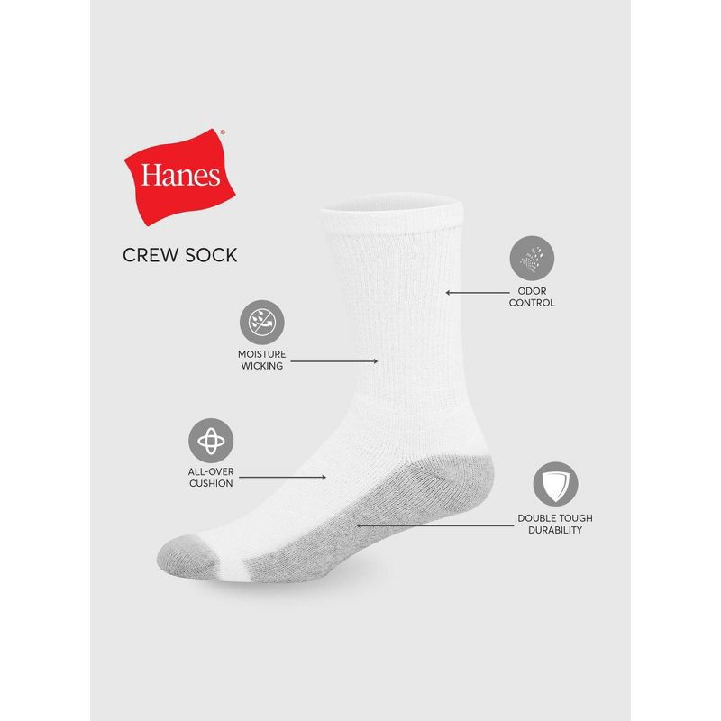 slide 5 of 5, Men's Hanes Crew Socks with FreshIQ 8pk - White 6-12: Midweight, Moisture Wicking, Reinforced Heel & Toe, 8 ct