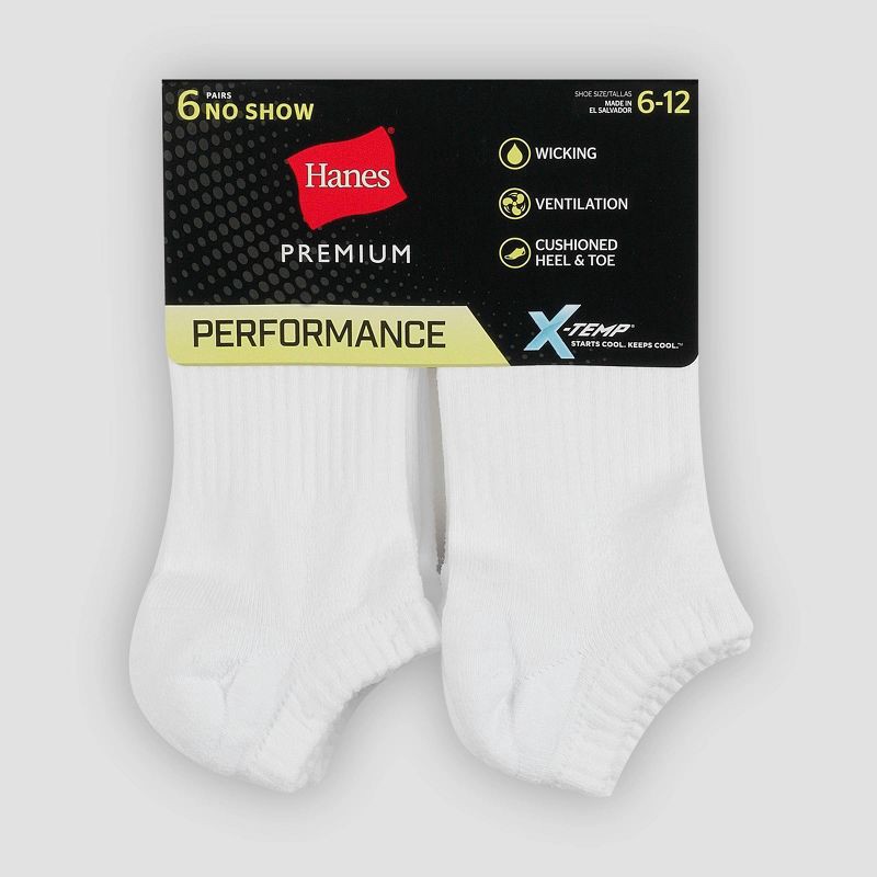 slide 3 of 3, Hanes Premium Men's X-Temp Performance Lightweight No Show Socks 6pk - White 6-12: Cushioned, Reinforced Heel & Toe, 6 ct