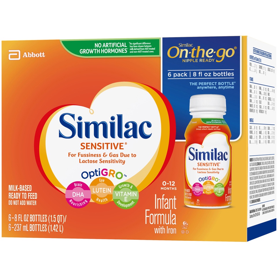 slide 3 of 8, Similac Sensitive For Fussiness And Gas Infant Formula With Iron Ready To Feed Bottles, 6 ct; 8 fl oz