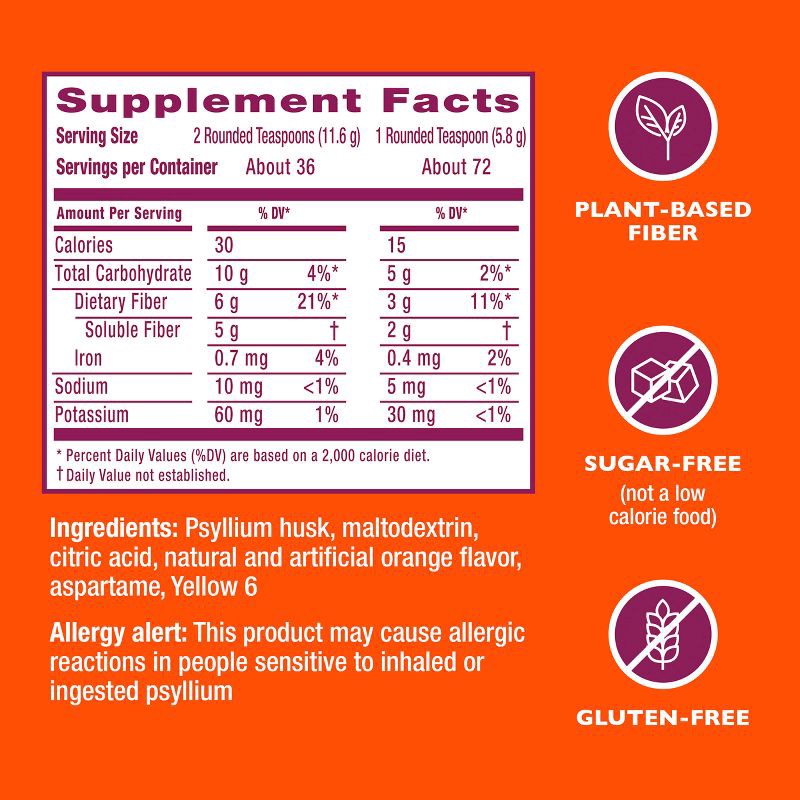 slide 9 of 9, Metamucil Psyllium GLP-1 Friendly Fiber Supplement Sugar Free Powder - Orange - 2.4g Fiber Per Serving - 15oz, 2.4 gram, 15 oz