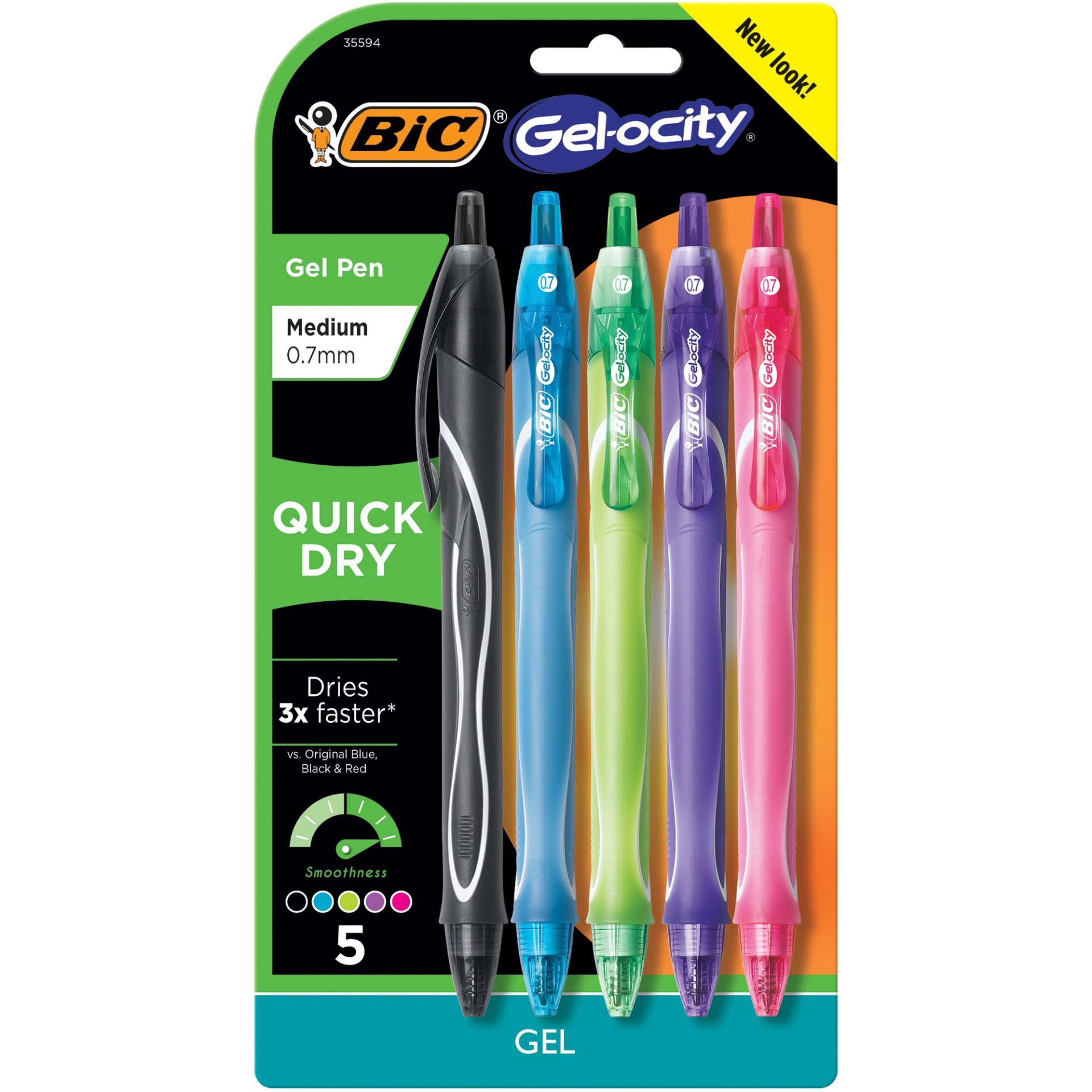 slide 1 of 3, BIC Gel-Ocity Quick Dry Gel Pens 0.7 Mm Medium Point Multicolor, 5 ct