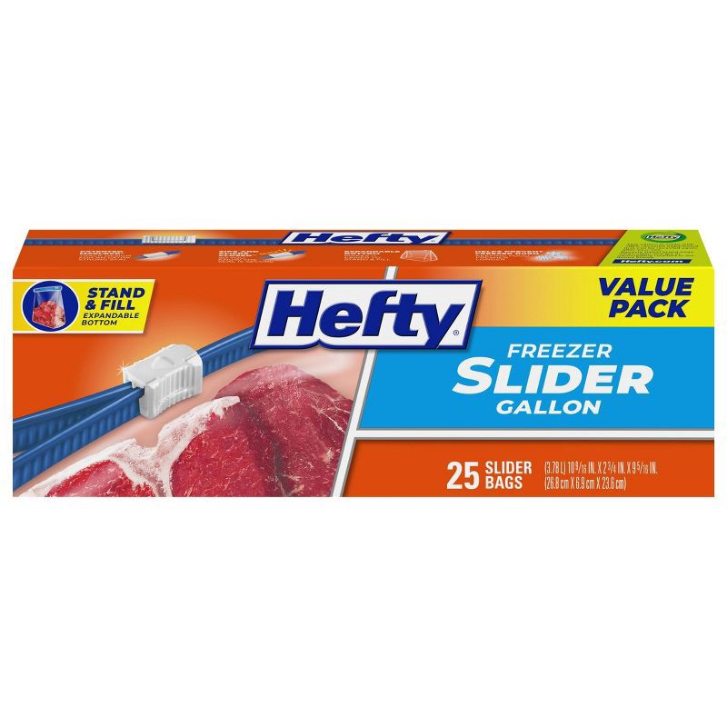 slide 1 of 10, Hefty Gallon Freezer Storage Slider Bags - 25ct: BPA-Free, Clear, 10.562" Length, 25 ct