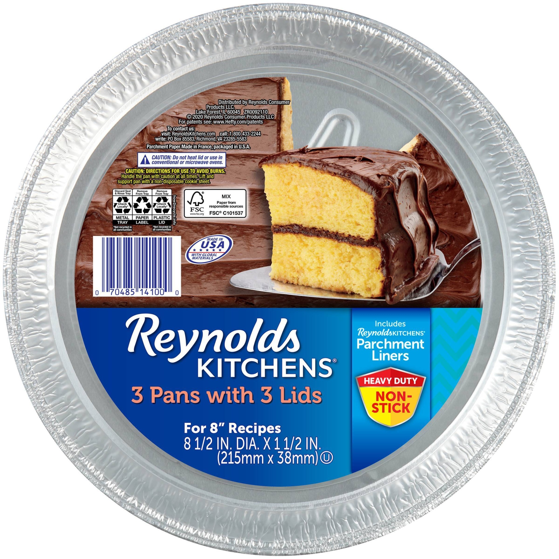 slide 1 of 6, Reynolds Disposable Bakeware Round Cake Pan with Lid 8" - 3ct, 3 ct