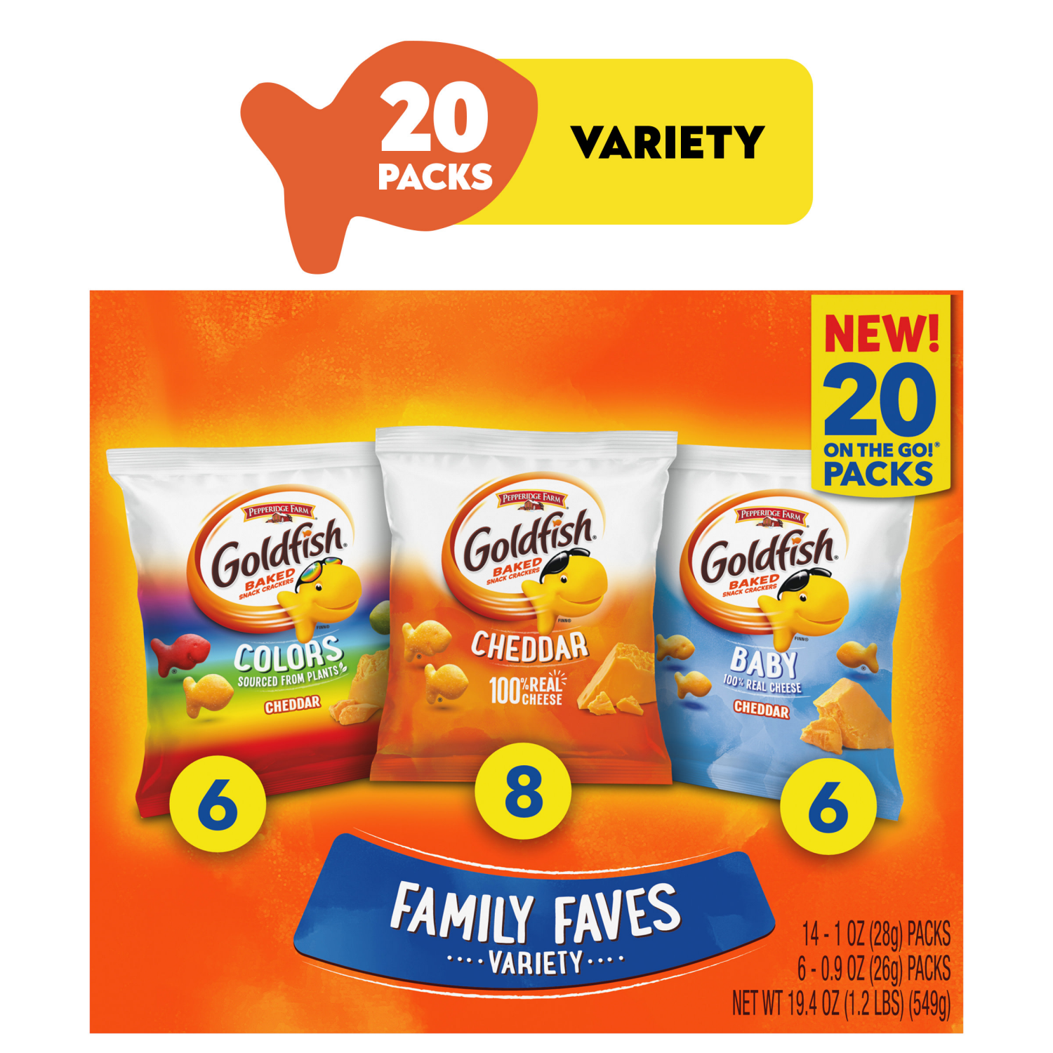 slide 1 of 8, Goldfish Family Faves Crackers Variety Pack, 19.400 oz
