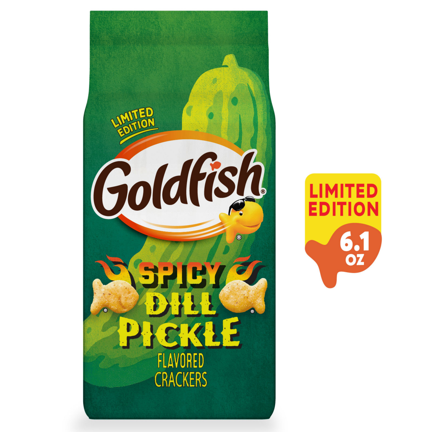 slide 1 of 7, Goldfish Spicy Dill Pickle Flavored Crackers, 6.100 oz