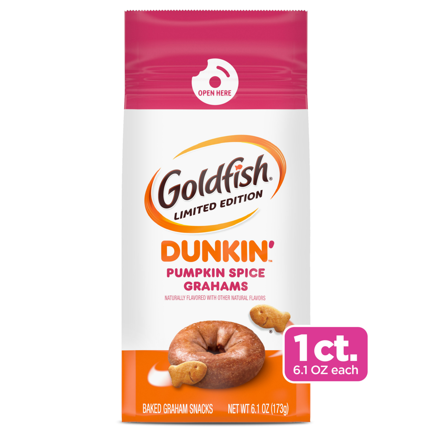 slide 1 of 7, Goldfish Dunkin’™ Pumpkin Spice Graham Crackers, 6.1 oz. bag, 6.100 oz