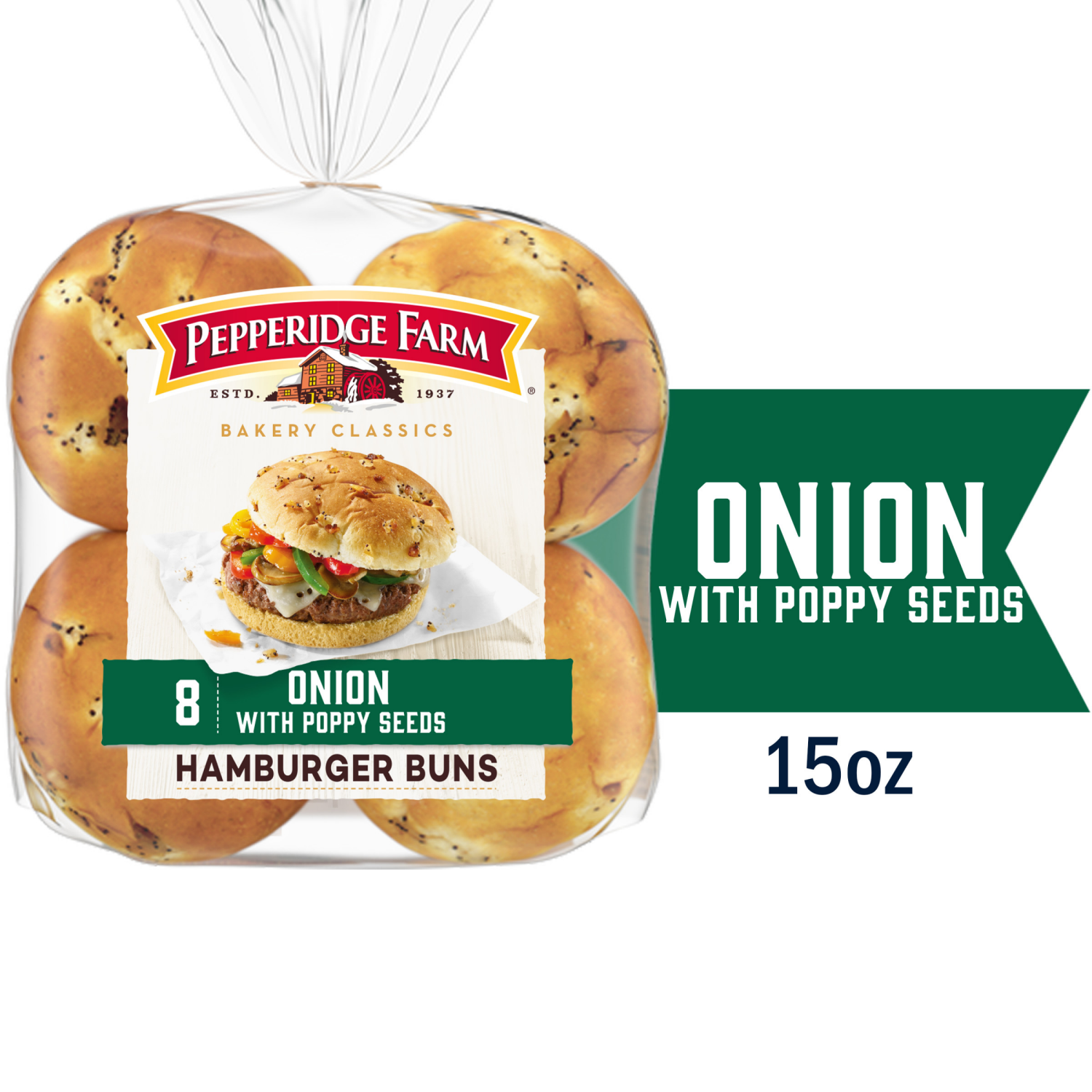 slide 1 of 5, Pepperidge Farm Onion with Poppy Seeds Hamburger Buns, 15.000 oz