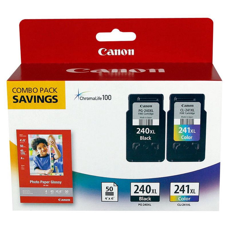 slide 1 of 3, Canon 240XL Black, 241XL Color Combo 2pk Ink Cartridges with Photo Paper - Black, Tri-color (5206B005), 2 ct