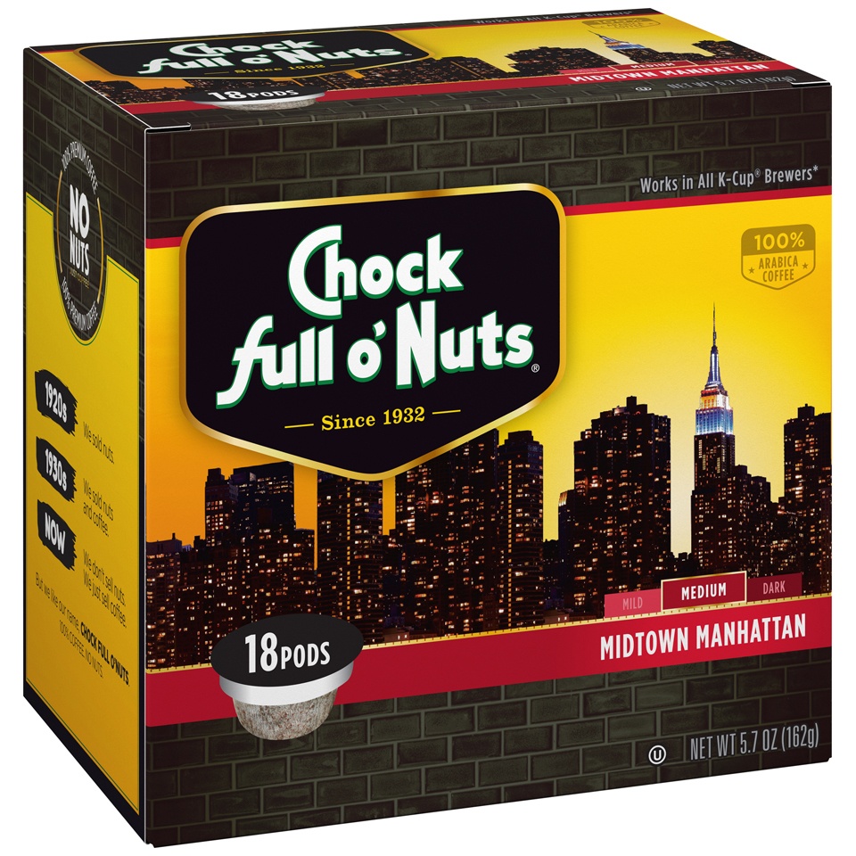 slide 2 of 7, Chock Full O' Nuts Midtown Manhattan Medium Roast Coffee - Single Serve Pods, 18 ct