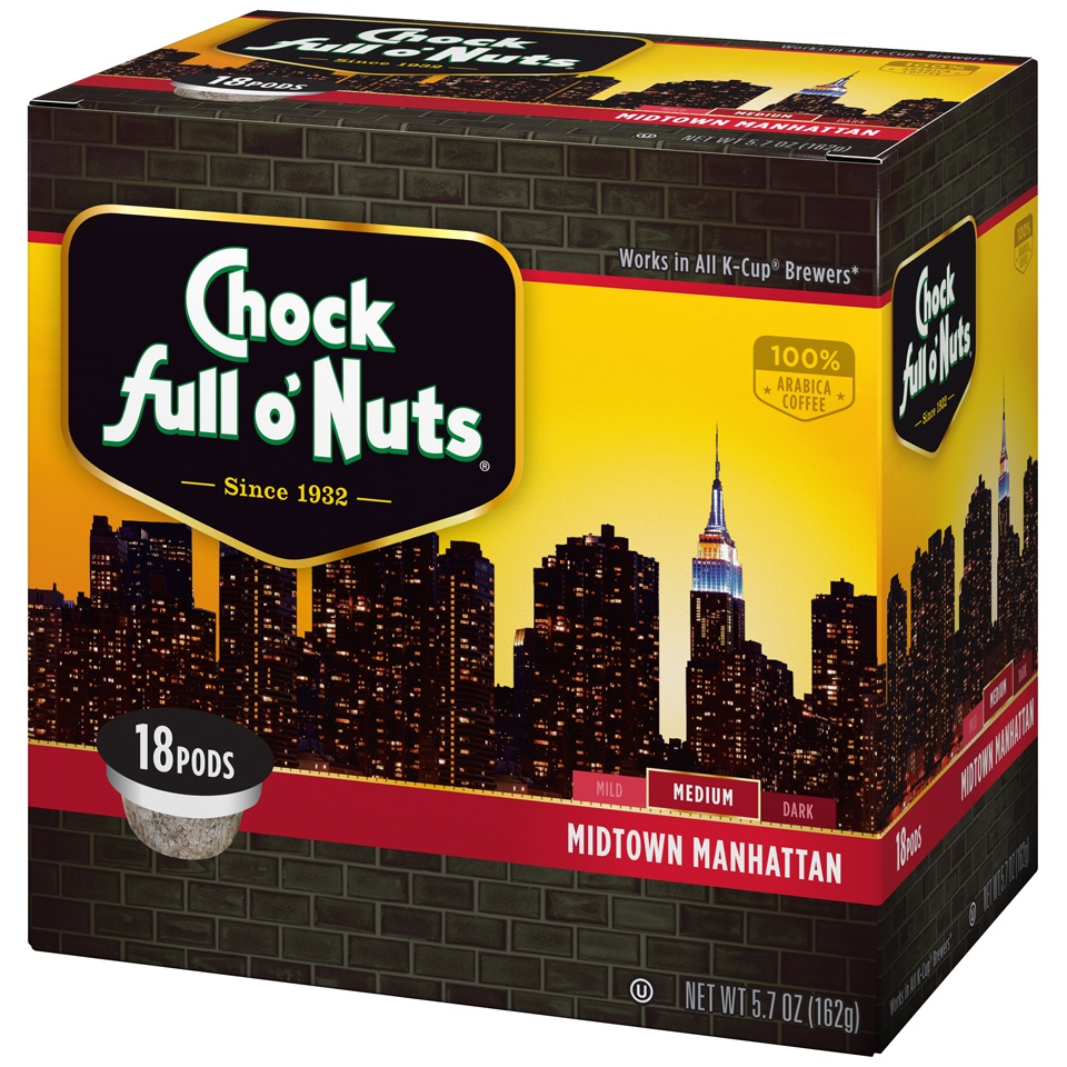 slide 3 of 7, Chock Full O' Nuts Midtown Manhattan Medium Roast Coffee - Single Serve Pods, 18 ct